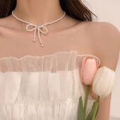 新款 蝴蝶结珍珠项链配裙子设计气质轻奢饰品 锁骨项链女百搭时尚