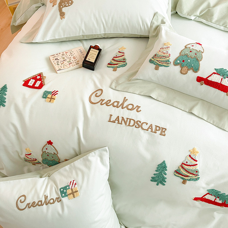 秋冬季加厚100S纯棉长绒棉磨毛四件套圣诞节保暖刺绣全棉床上用品