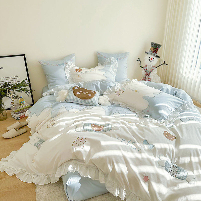 100支纯棉长绒棉儿童房四件套可爱少女心被套公主风亲肤床上用品4