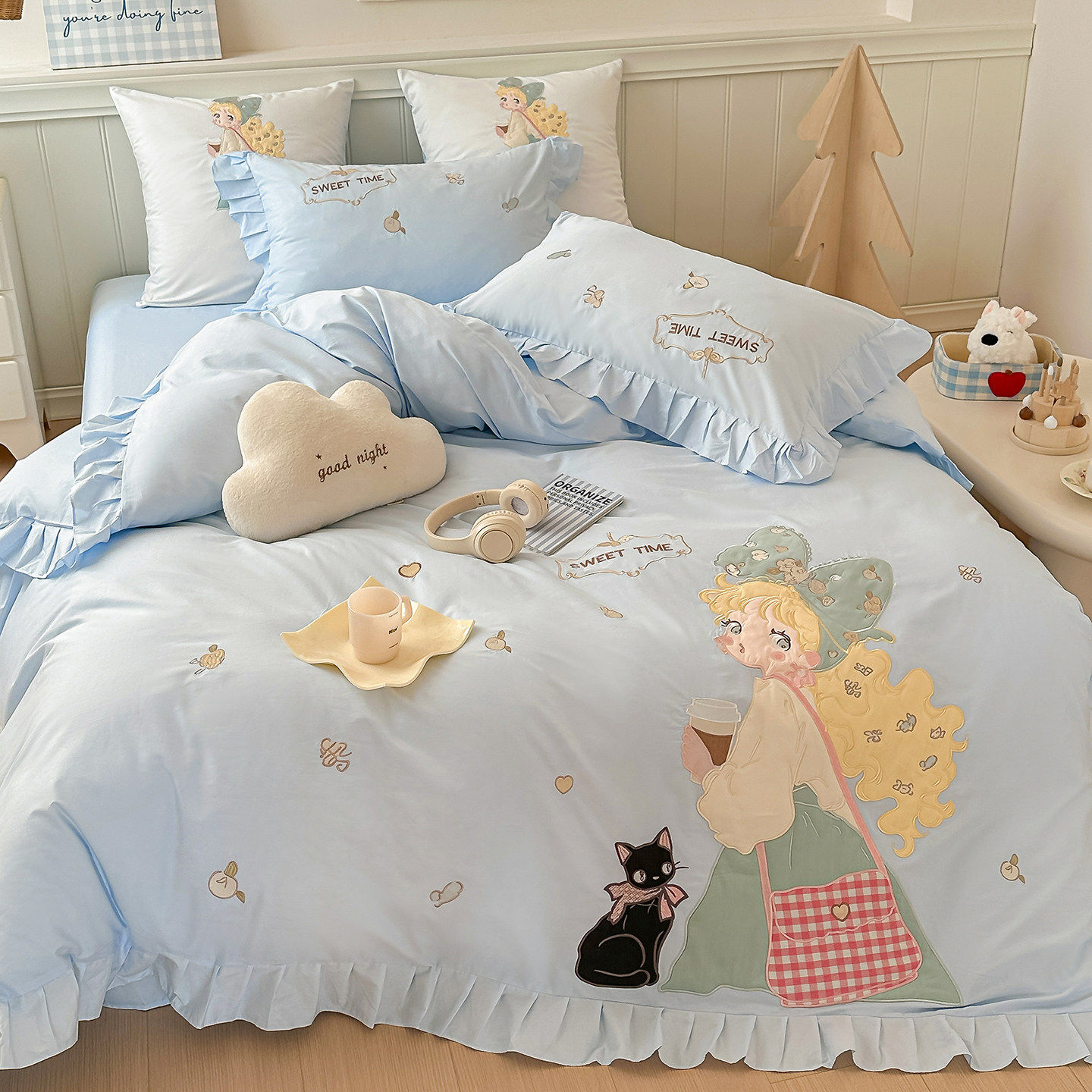 可爱少女心女孩儿童全棉四件套纯棉荷叶边被套床单公主风儿童床品,床上用品,床品套件/四件套/多件套,淘宝优惠券,粉丝福利购,淘宝优惠卷