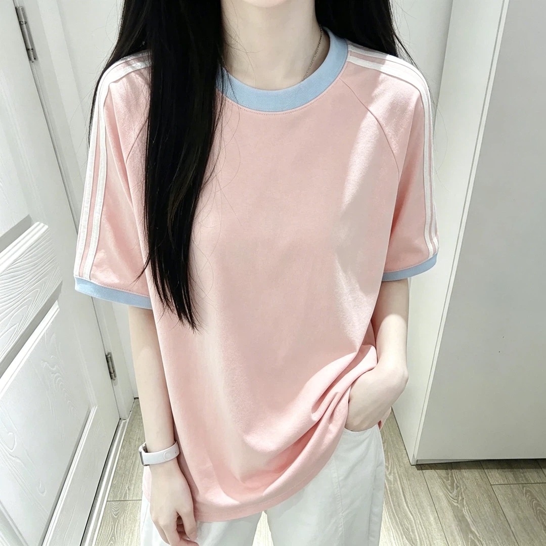 美式多巴胺撞色设计插肩两条杠短袖t恤女宽松大码高级感半袖上衣