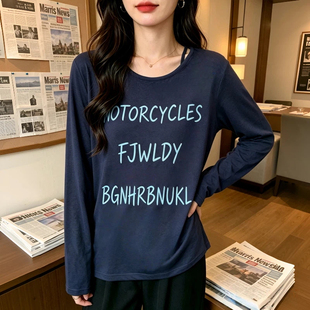 夏季新款正肩字母印花长袖罩衫t恤女设计感慵懒大码宽松打底上衣