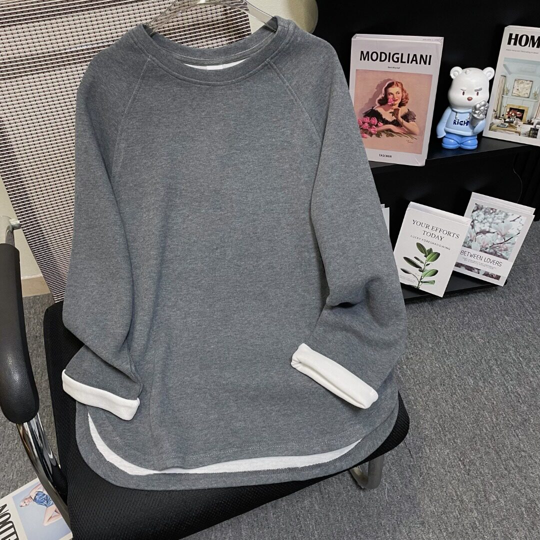 韩系大码灰色圆领中长款卫衣女春秋季宽松慵懒风显瘦百搭长袖上衣