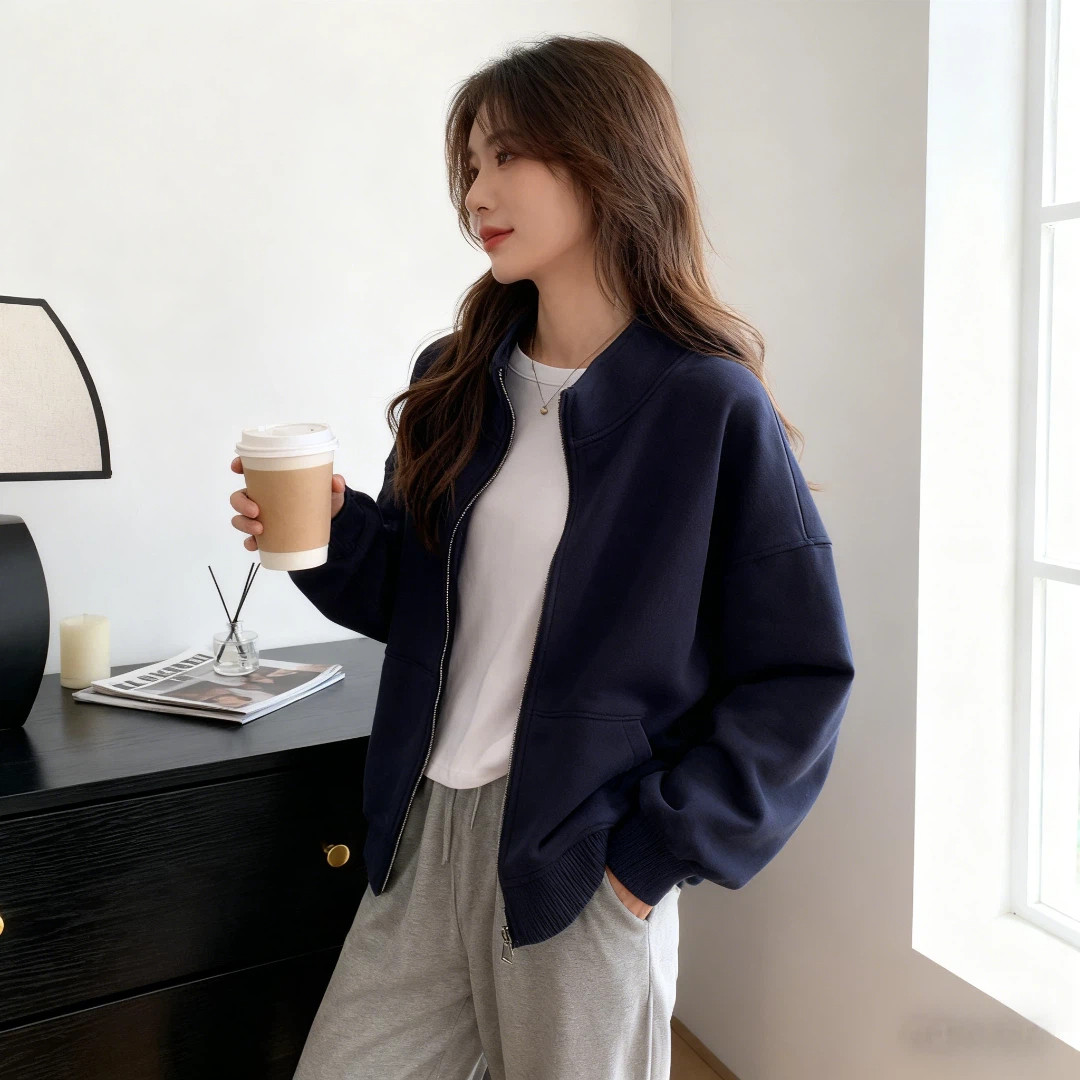 韩版慵懒情侣宽松纯色休闲卫衣大码女款秋冬新款立领开衫外套显瘦