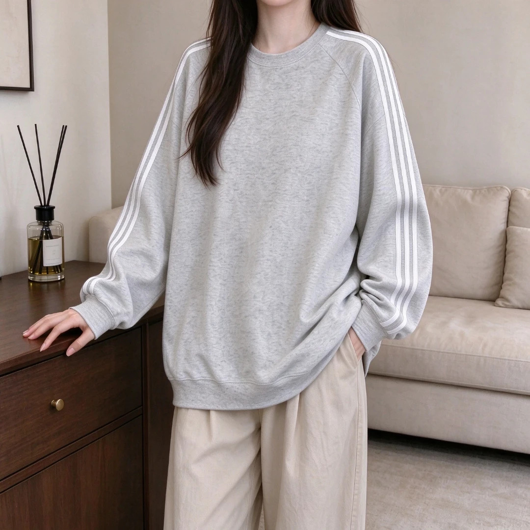 美式高街条杠圆领卫衣女款秋冬季oversize宽松大码慵懒风加绒帽衫