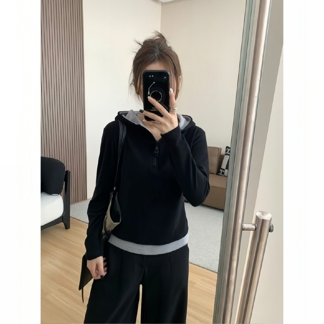 秋冬新款大码修身打底衫纯色显瘦卫衣假两件解构拼接长袖连帽上衣