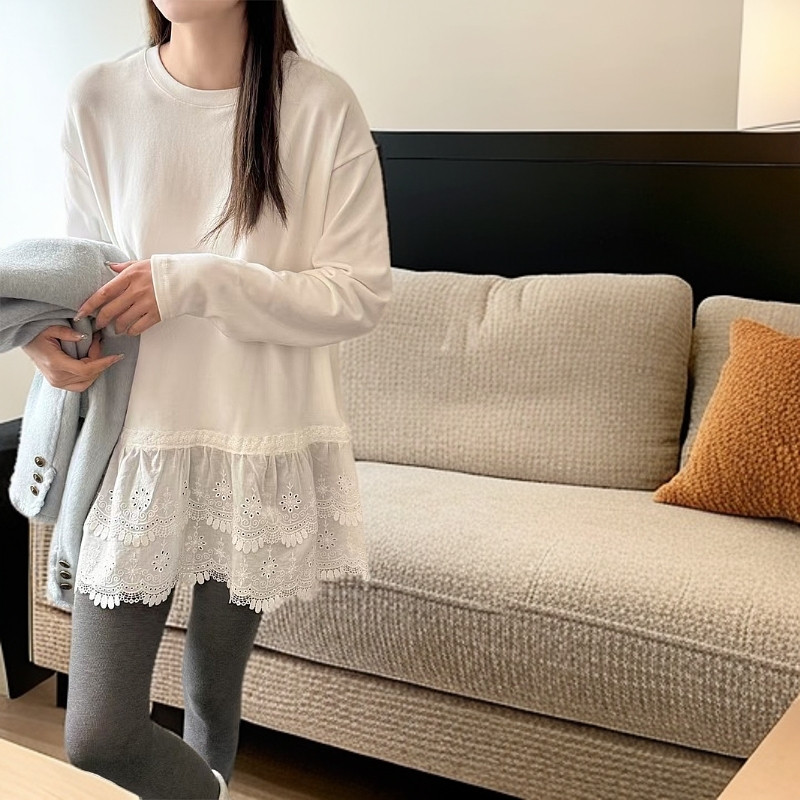 德绒春秋冬新款大码内搭打底衫时尚甜美百搭拼接蕾丝下摆长袖T恤