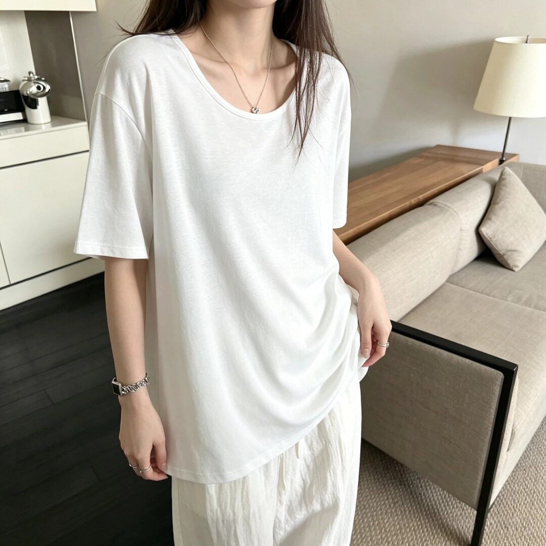 大码简约遮肉中长款U领短袖T恤女夏季新款小个子通勤百搭上衣体恤