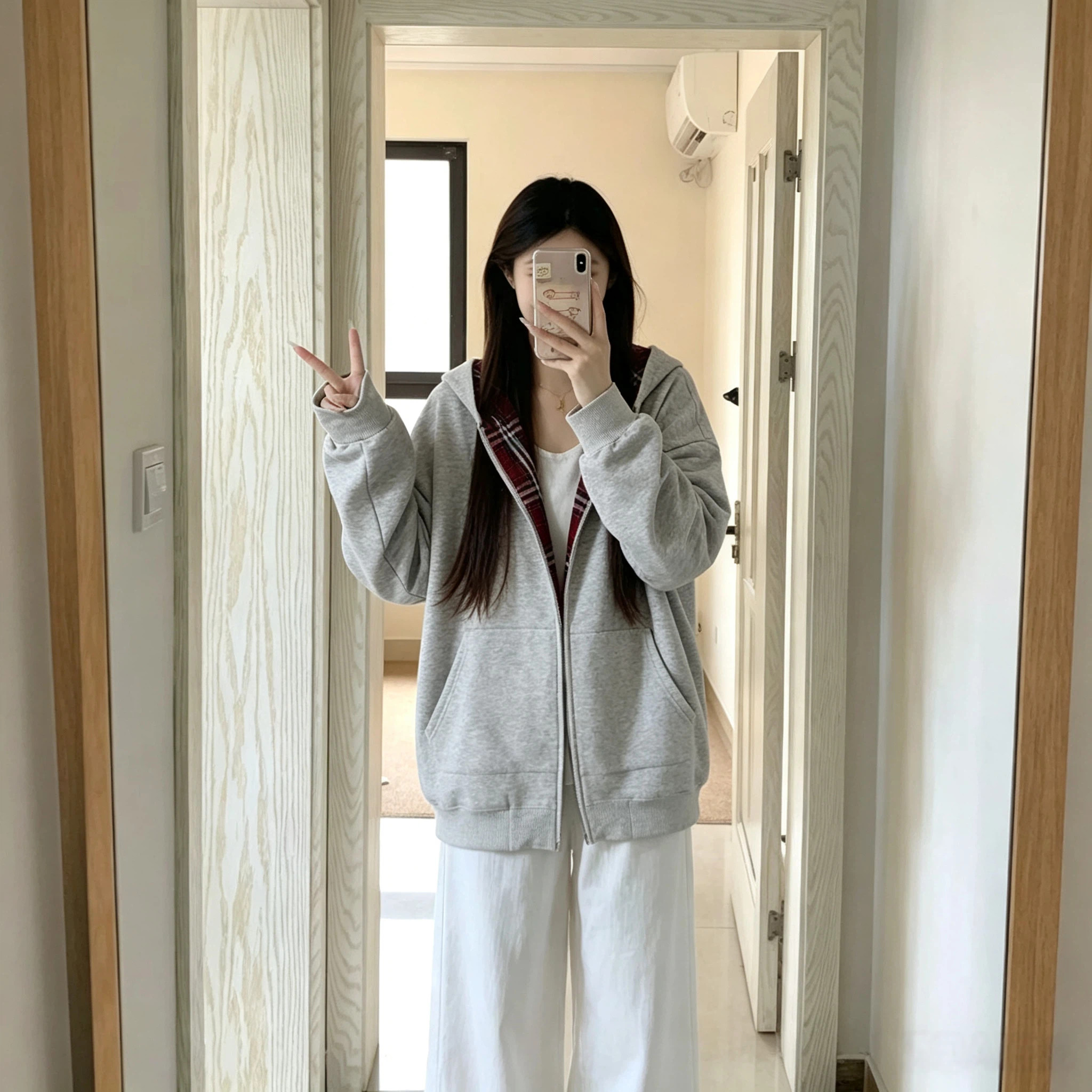 美式银狐绒内包条连帽格子拼接开衫卫衣百搭大码秋冬长袖拉链外套