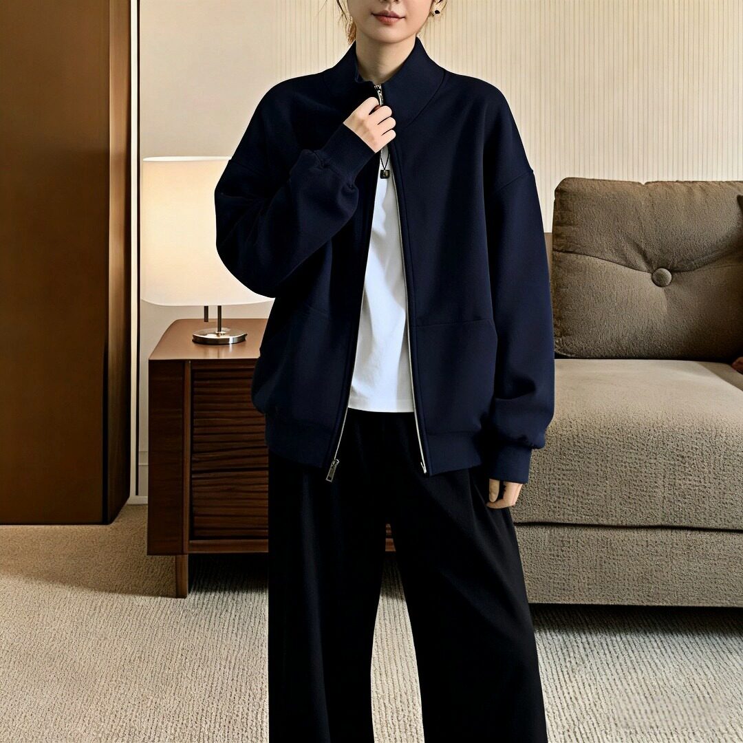 秋季新款大码宽松显瘦无帽上衣初秋韩系穿搭早秋立领卫衣外套男女