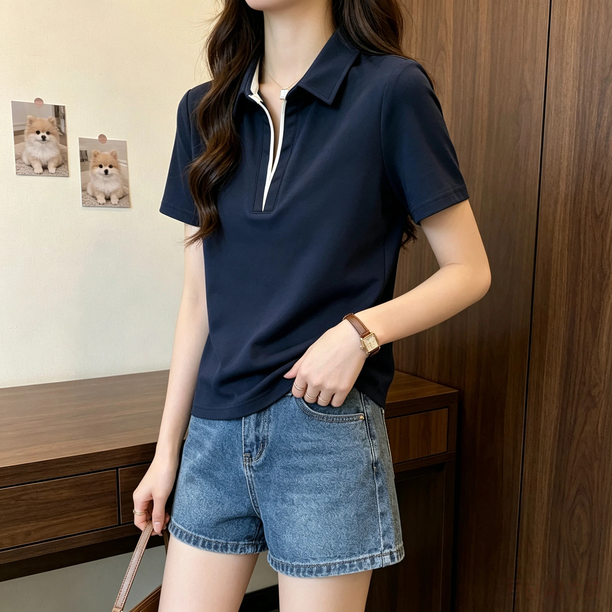 韩系新款藏青色polo领撞色短袖t恤女学院风大码修身显瘦正肩上衣