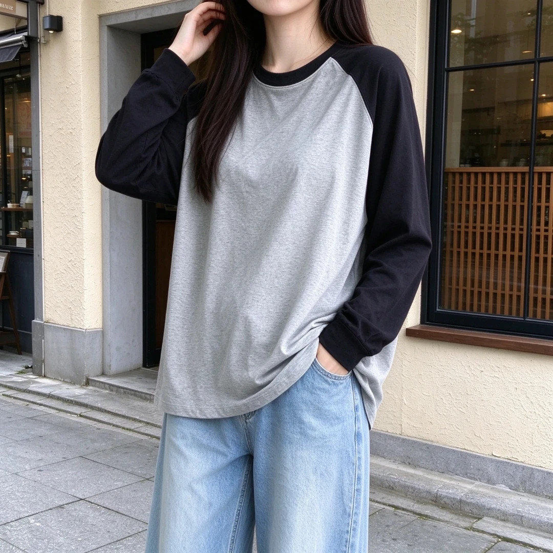 春秋季新款圆领长袖t恤女款大码撞色插肩袖宽松百搭打底衫上衣ins