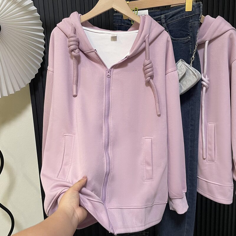 韩系慵懒风薄款开衫连帽上衣紫色秋冬加绒卫衣外套女春秋新款大码