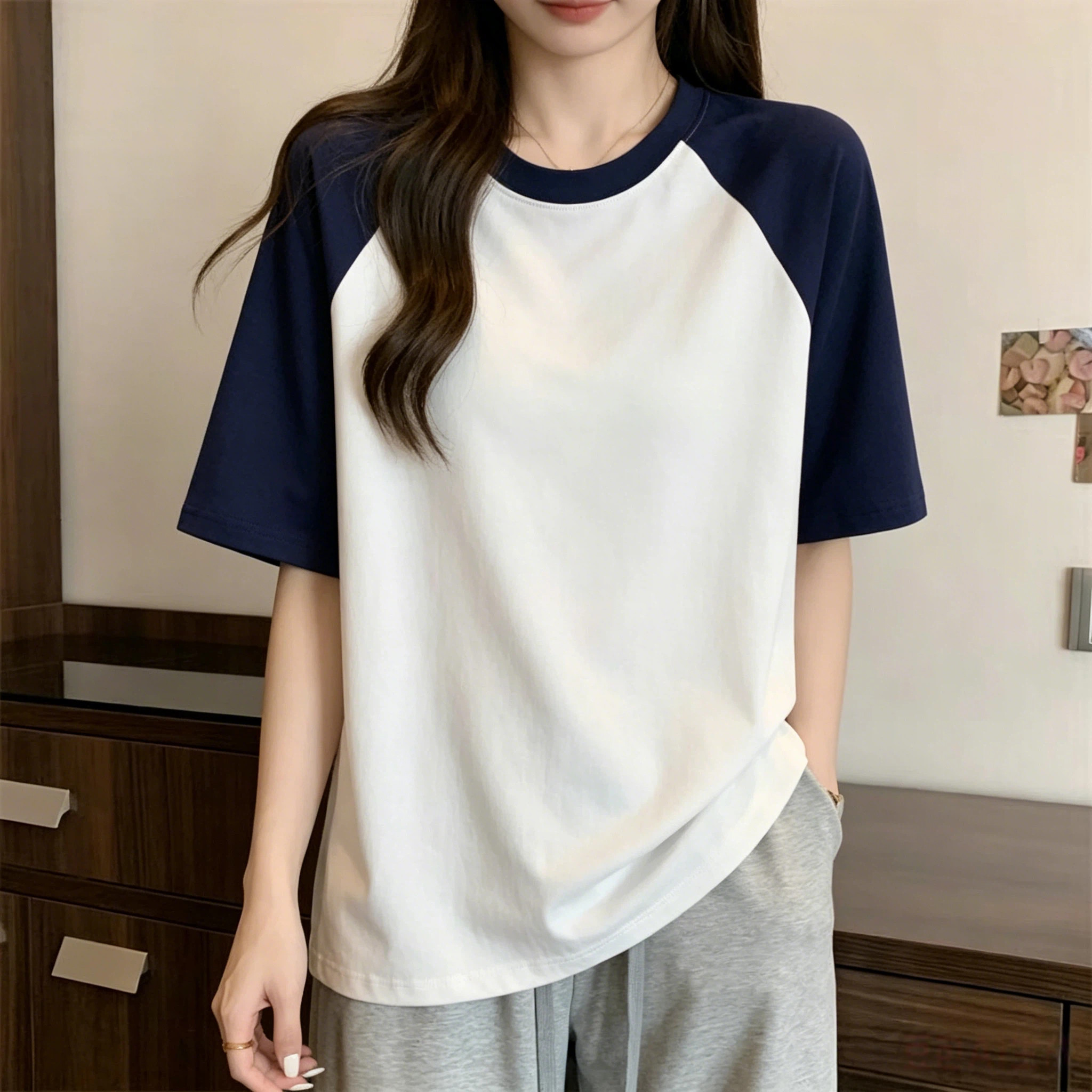 夏季圆领撞色凉感透气插肩短袖T恤男女大码宽松显瘦运动半袖上衣