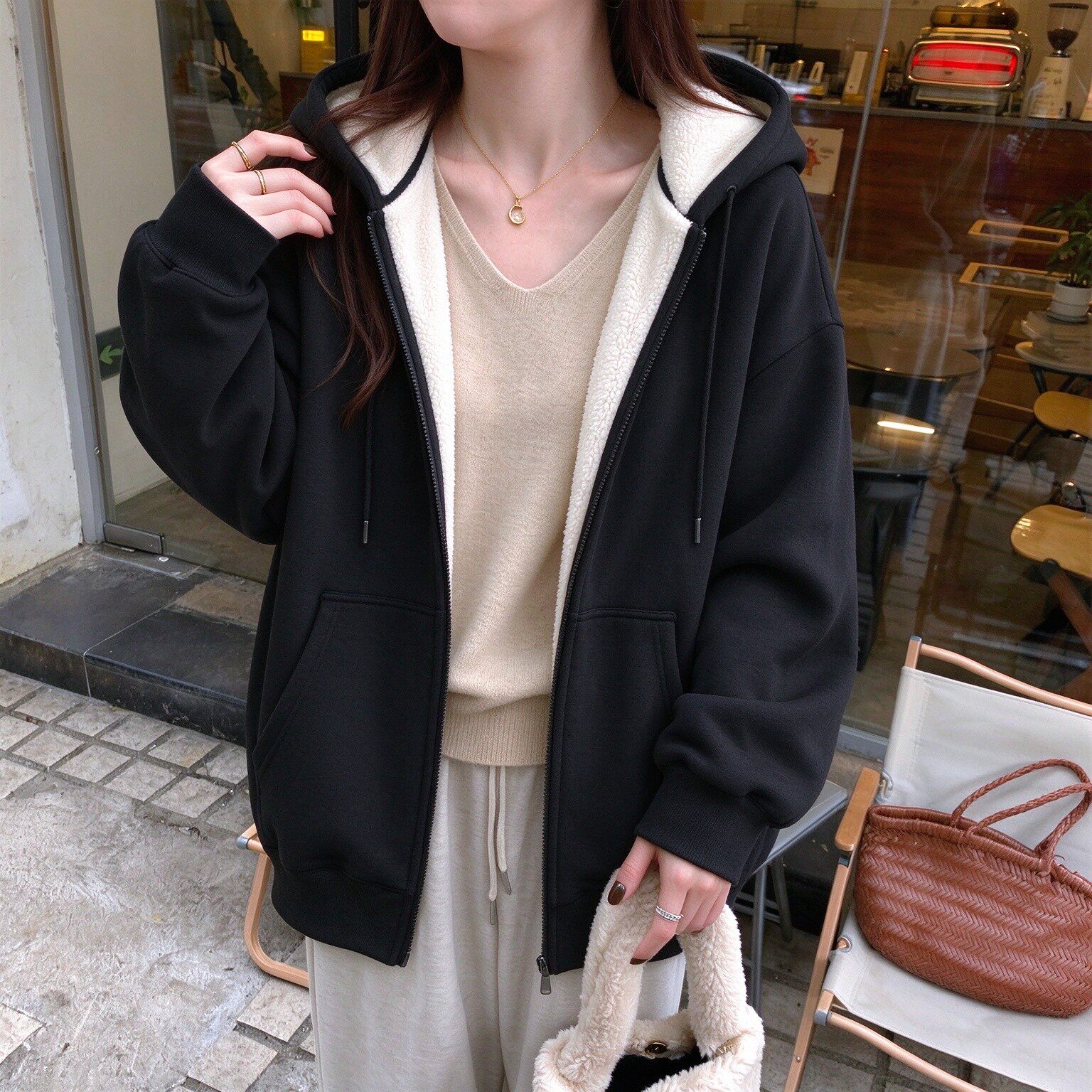 oversize宽松羊羔绒连帽开衫卫衣女外套秋冬季宽松百搭大码上衣服
