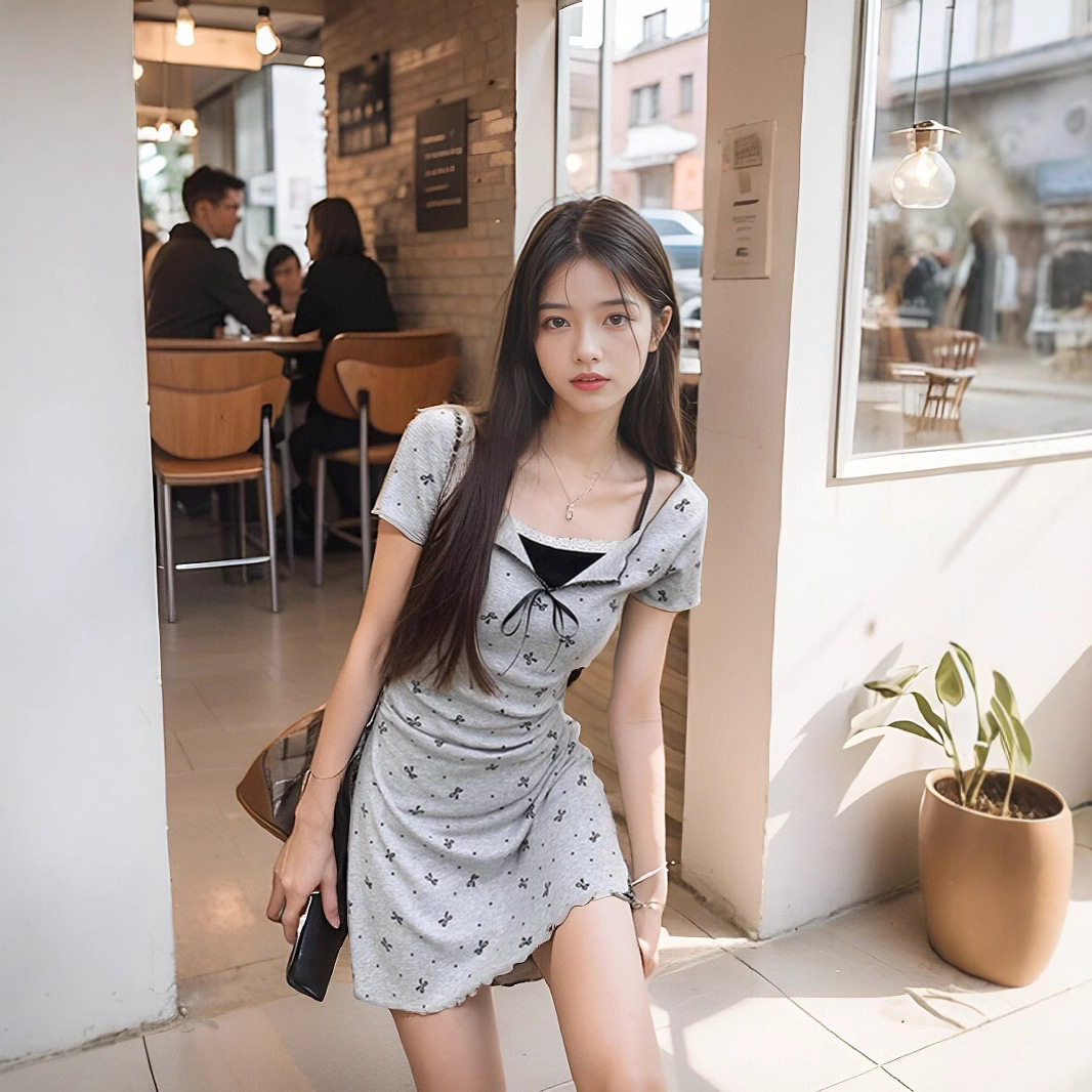蝴蝶结印花连衣裙女修身涤纶高腰收腰包臀裙a字长裙子包邮