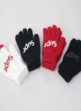 supr触屏手套女韩版秋冬加绒保暖针织毛线男情侣印花潮牌时尚手套