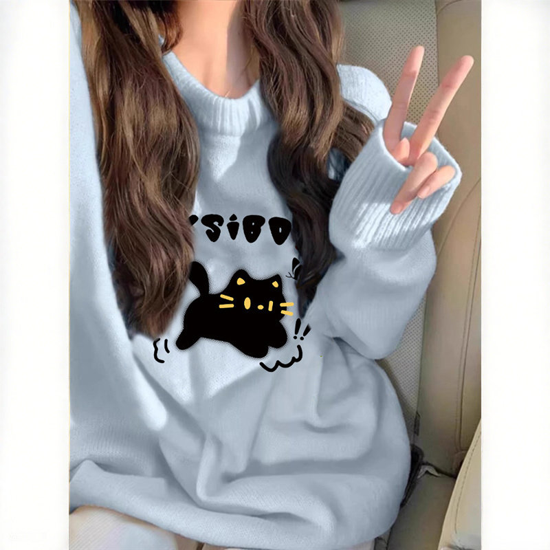 卡通小猫蓝色毛衣女冬保暖加绒加厚款可外穿内搭圆领套头宽松慵懒,女装/女士精品,羊绒衫,淘宝优惠券,粉丝福利购,淘宝优惠卷