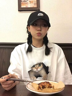 宽松小众设计感小猫印花上衣 2026新款 重磅纯棉短袖 白色T恤女夏季