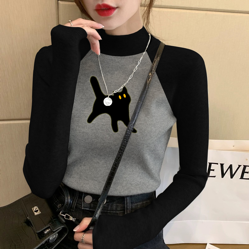 韩版半高领打底衫女款灰色正肩修身显瘦重磅棉长袖T恤上衣秋冬季