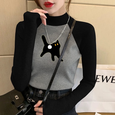 韩版半高领打底衫女款灰色正肩修身显瘦重磅棉长袖T恤上衣秋冬季