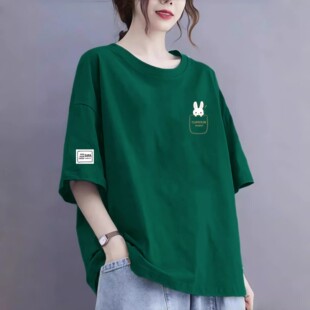 T恤女夏季 时尚 新款 中长款 百搭上衣潮 欧货大版 墨绿色纯棉宽松短袖