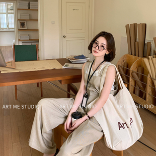 ARTME瓜瓜 亚麻天丝高腰卡其色背带裤女夏季通勤修身直筒阔腿裤子