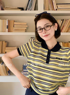 ARTME瓜瓜 莱赛尔亚麻撞色翻领条纹T恤女夏季通勤百搭短袖上衣