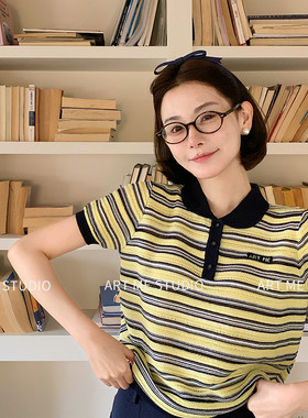 翻领莱赛尔亚麻撞色条纹舒适上衣