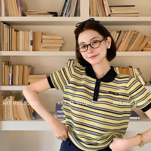 ARTME瓜瓜 莱赛尔亚麻翻领条纹T恤女夏季通勤百搭短袖上衣w26033