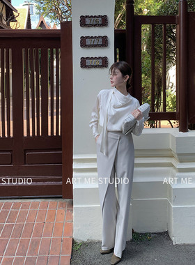 ARTME瓜瓜 不规则叠片设计阔腿西裤女春季高腰收腰垂感直筒裤子