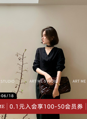 ARTME瓜瓜 温柔风V领围裹式连衣裙女春季气质通勤收腰显瘦长裙