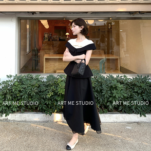 ARTME瓜瓜法式赫本风撞色蝴蝶结连衣裙女夏收腰伞摆上衣w2152l2