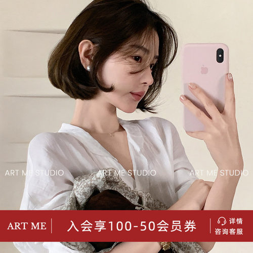 v领慵懒风苎麻天丝混纺简约衬衫