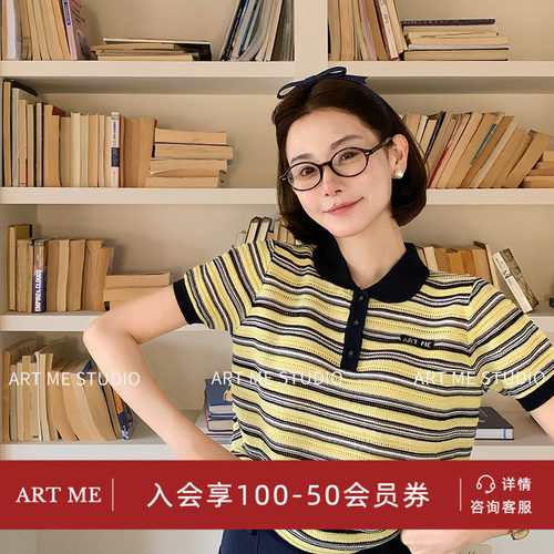 翻领莱赛尔亚麻撞色条纹舒适上衣