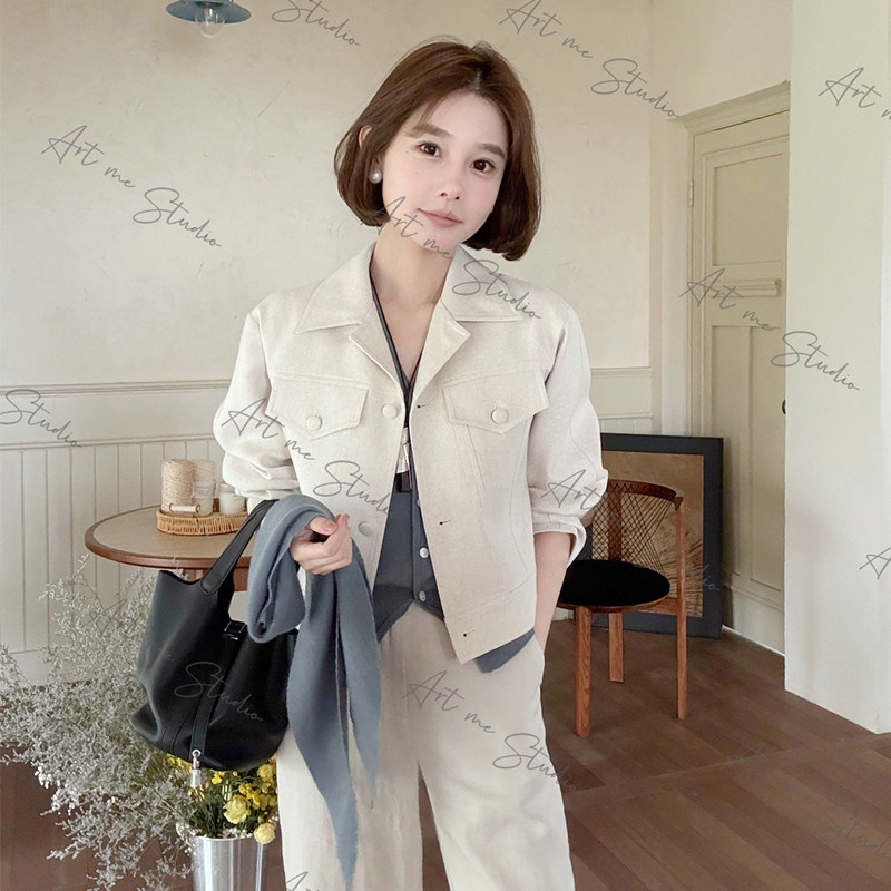 麻感白领通勤翻领杂色休闲外套女