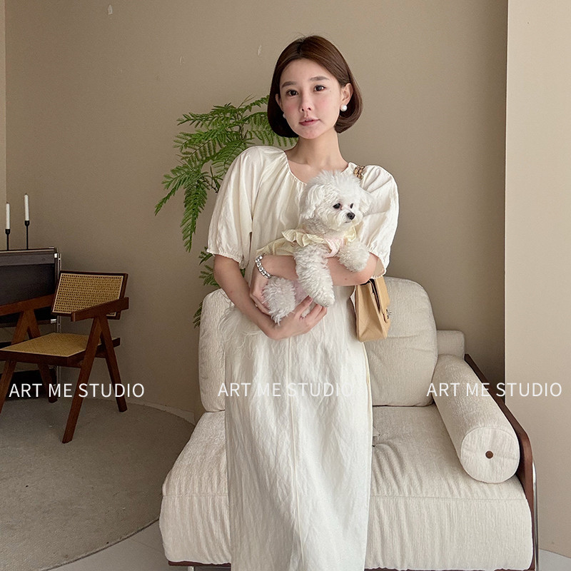 ARTME瓜瓜 松弛感泡泡袖连衣裙女夏季收腰显瘦气质中长裙w1344q2