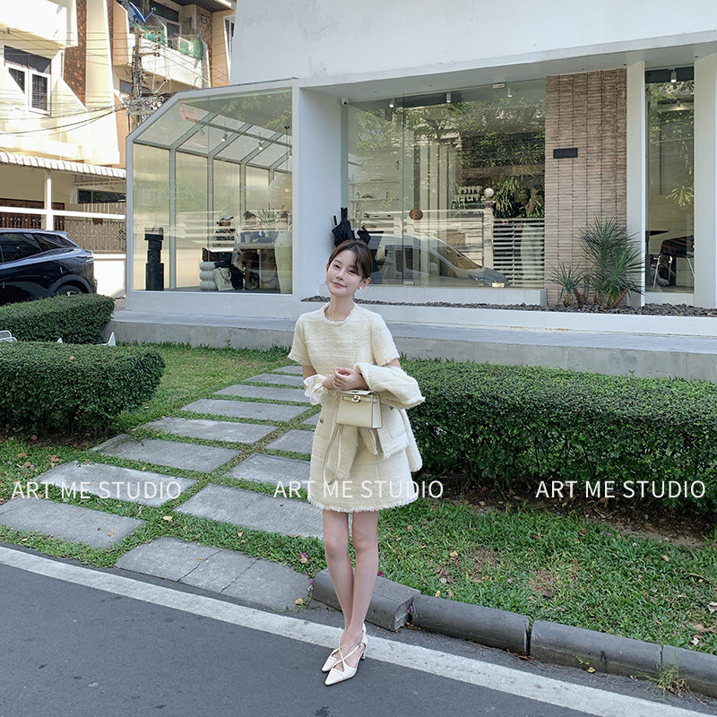 ARTME瓜瓜小香风毛边粗花呢收腰连衣裙女春宽松显瘦裙w2234w1-1