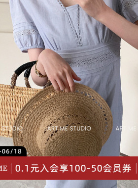 ARTME瓜瓜 白玉兰V领苎麻棉温柔风蕾丝泡泡袖收腰连衣裙鱼尾长裙