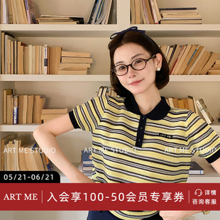 ARTME瓜瓜 莱赛尔亚麻撞色翻领条纹T恤女夏季通勤百搭短袖上衣