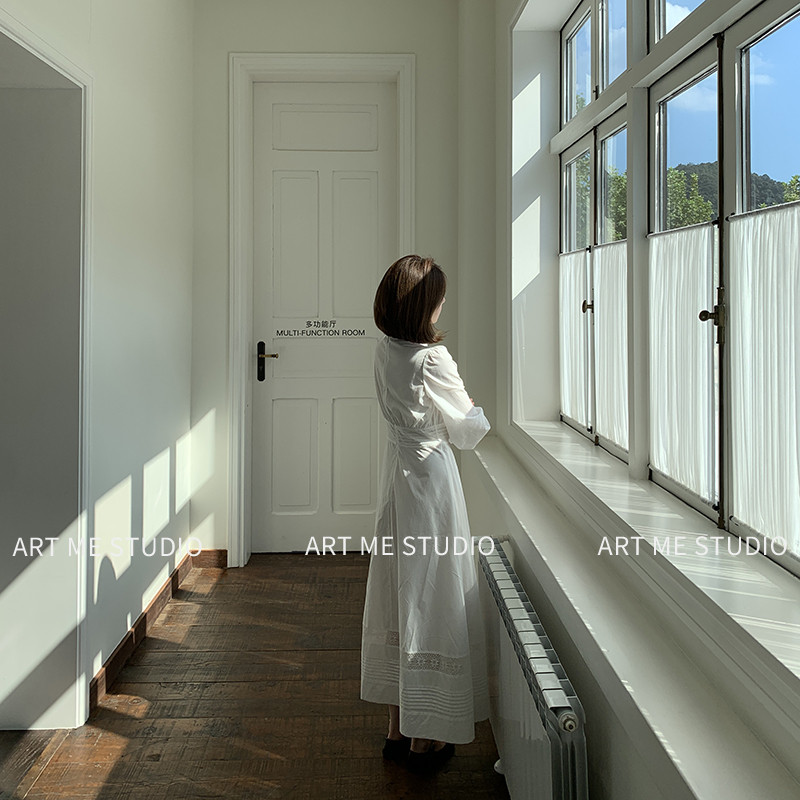 ARTME瓜瓜100纯棉白色法式蕾丝镂空拼接收腰连衣裙女春设计感裙子