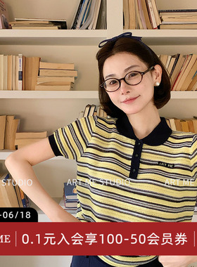 ARTME瓜瓜 莱赛尔亚麻撞色翻领条纹T恤女夏季通勤百搭短袖上衣
