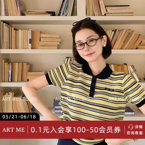 翻领莱赛尔亚麻撞色条纹舒适上衣