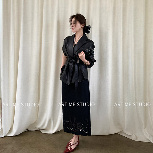 ARTME瓜瓜 绵羊皮高级感青果领收腰皮衣外套女春季通勤风宽松上衣
