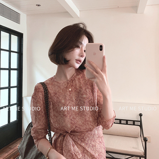 ARTME瓜瓜 粉色复古圆领绑带长袖连衣裙女夏季设计感慵懒直筒裙子
