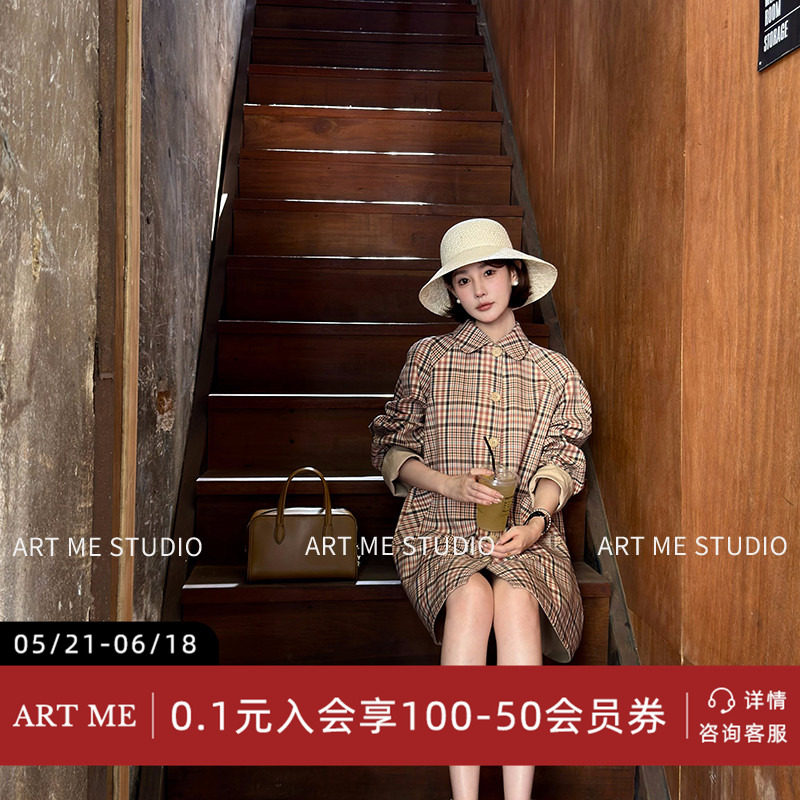 ARTME瓜瓜 学院风翻领插肩袖双面穿风衣女春大口袋中长款格子外套
