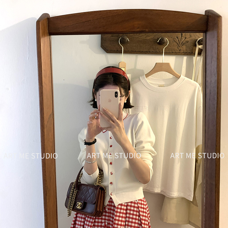 ARTME瓜瓜 复古撞色翻领减龄针织开衫女春季单排扣百搭上衣w26005