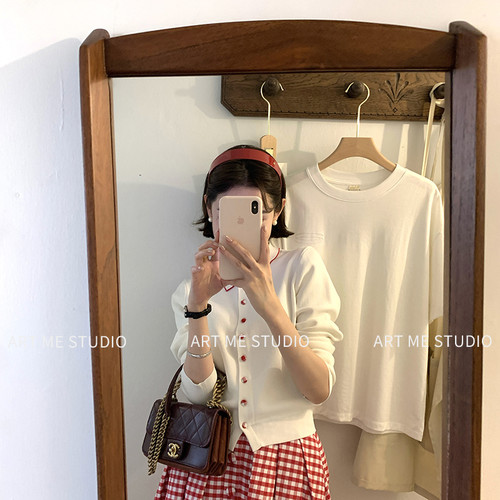 ARTME瓜瓜 复古撞色翻领减龄针织开衫女春季单排扣氛围感百搭上衣