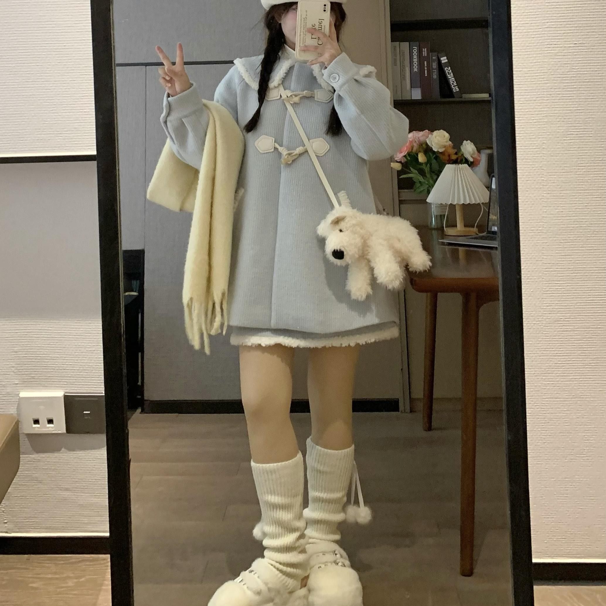 秋冬装新款韩系少女甜美蓝色夹棉加厚斗篷短裙套装毛呢大衣外套女