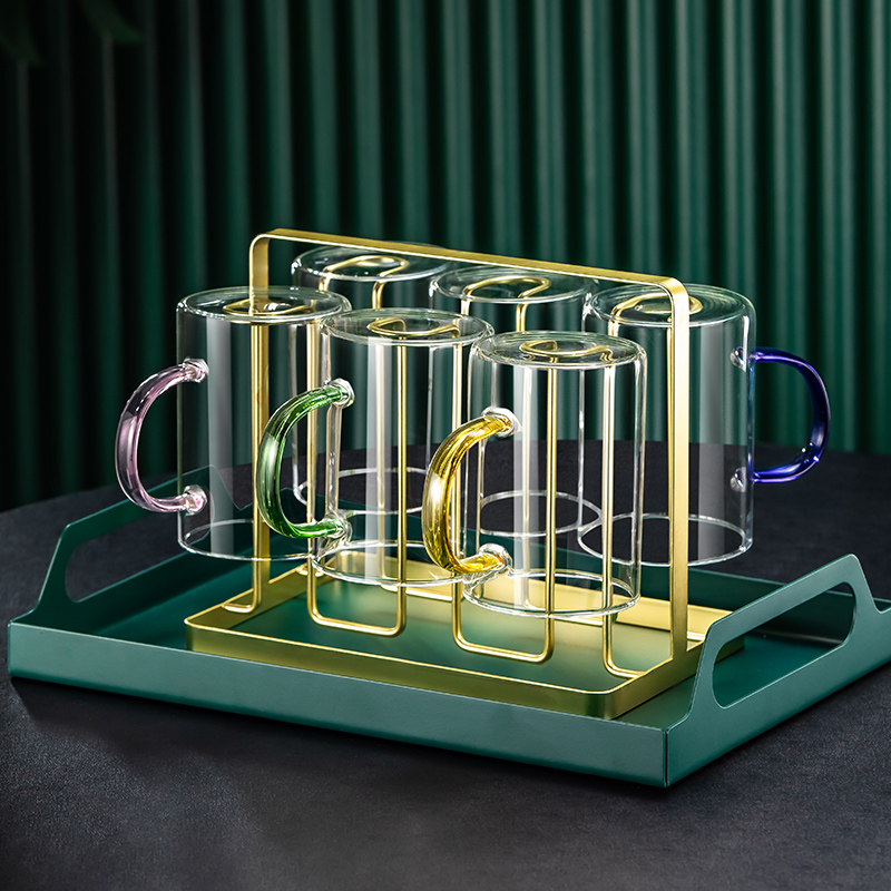 玻璃水杯子泡f茶杯家用耐热带把手套装客厅喝水杯待客高颜值带架